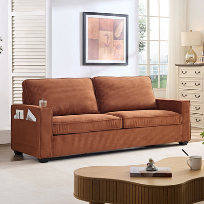 Modern 87.4 Corduroy 3-seater Deep Seat Sofa with Cup Holder and Storage Bags for Living Room