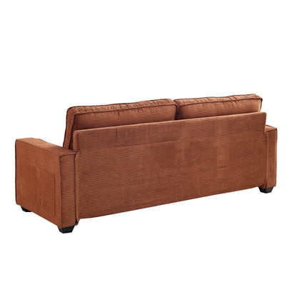 Modern 87.4 Corduroy 3-seater Deep Seat Sofa with Cup Holder and Storage Bags for Living Room