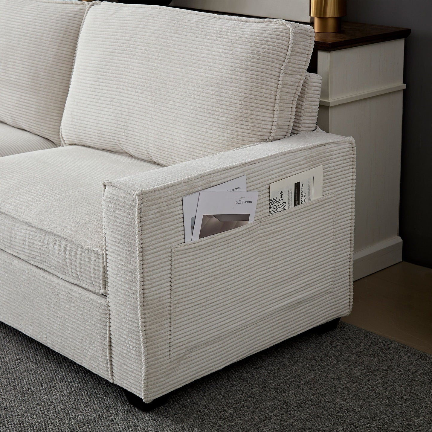 Modern 87.4 Corduroy 3-seater Deep Seat Sofa with Cup Holder and Storage Bags for Living Room
