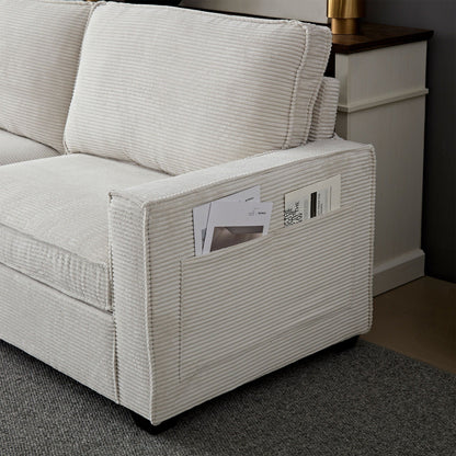 Modern 87.4 Corduroy 3-seater Deep Seat Sofa with Cup Holder and Storage Bags for Living Room