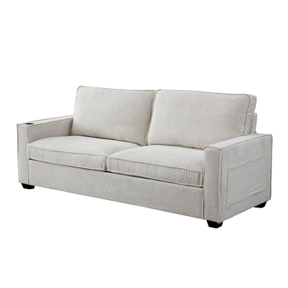 Modern 87.4 Corduroy 3-seater Deep Seat Sofa with Cup Holder and Storage Bags for Living Room