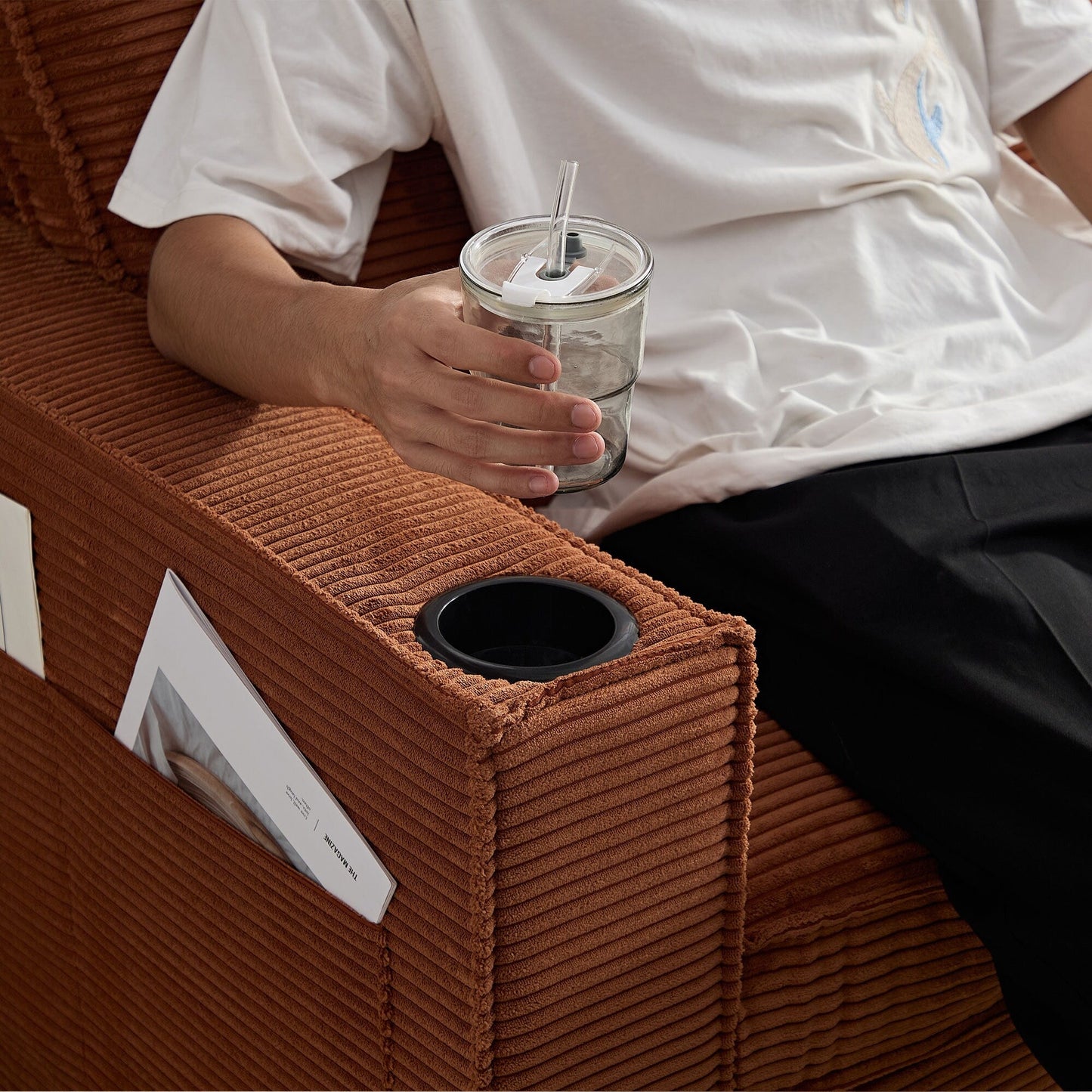 Modern 87.4 Corduroy 3-seater Deep Seat Sofa with Cup Holder and Storage Bags for Living Room