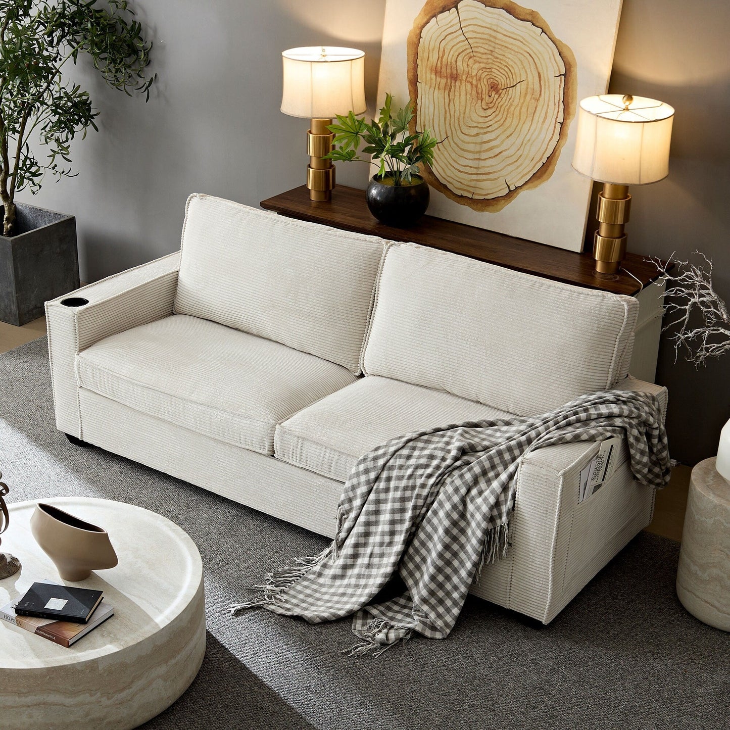Modern 87.4 Corduroy 3-seater Deep Seat Sofa with Cup Holder and Storage Bags for Living Room