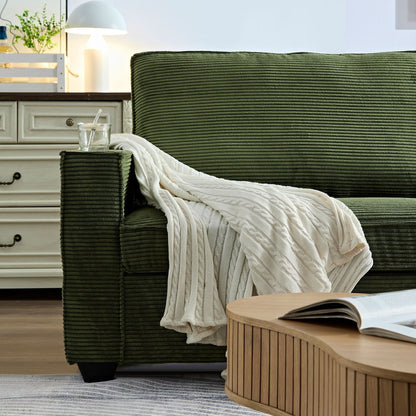 Modern 87.4 Corduroy 3-seater Deep Seat Sofa with Cup Holder and Storage Bags for Living Room