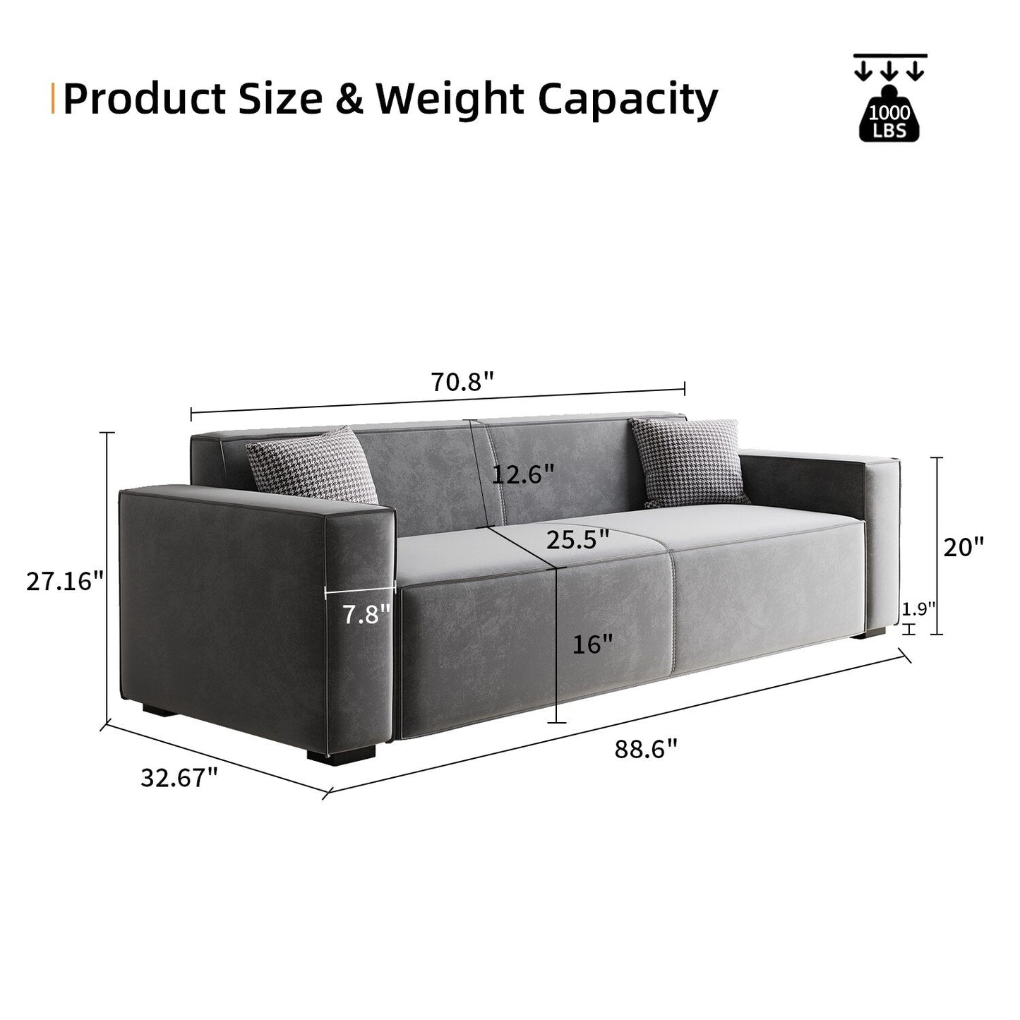 Modern 88.6 Chenille Loveseat Upholstered Sofa with 4 Solid Wood Legs and 2 Pillows for Living Room
