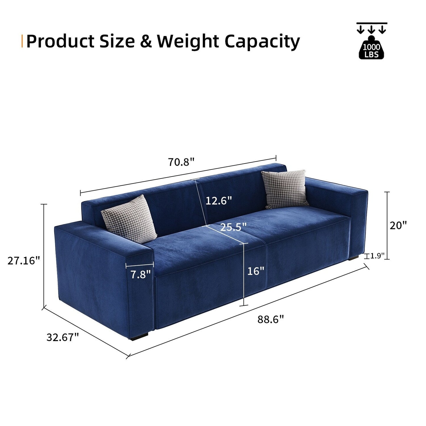 Modern 88.6 Chenille Loveseat Upholstered Sofa with 4 Solid Wood Legs and 2 Pillows for Living Room