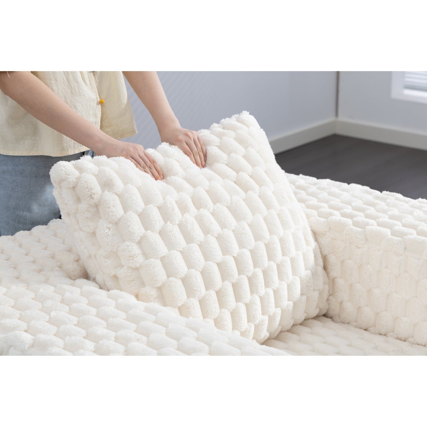 Modern All-Compressed Design Corduroy Compression Sofa With Ottoman