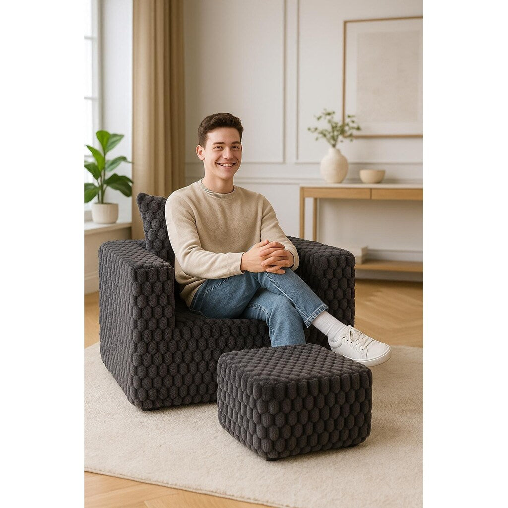 Modern All-Compressed Design Corduroy Compression Sofa With Ottoman