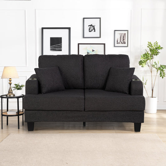 Modern Black Fabric Loveset with 2 Cup Holder and 2 Pillows