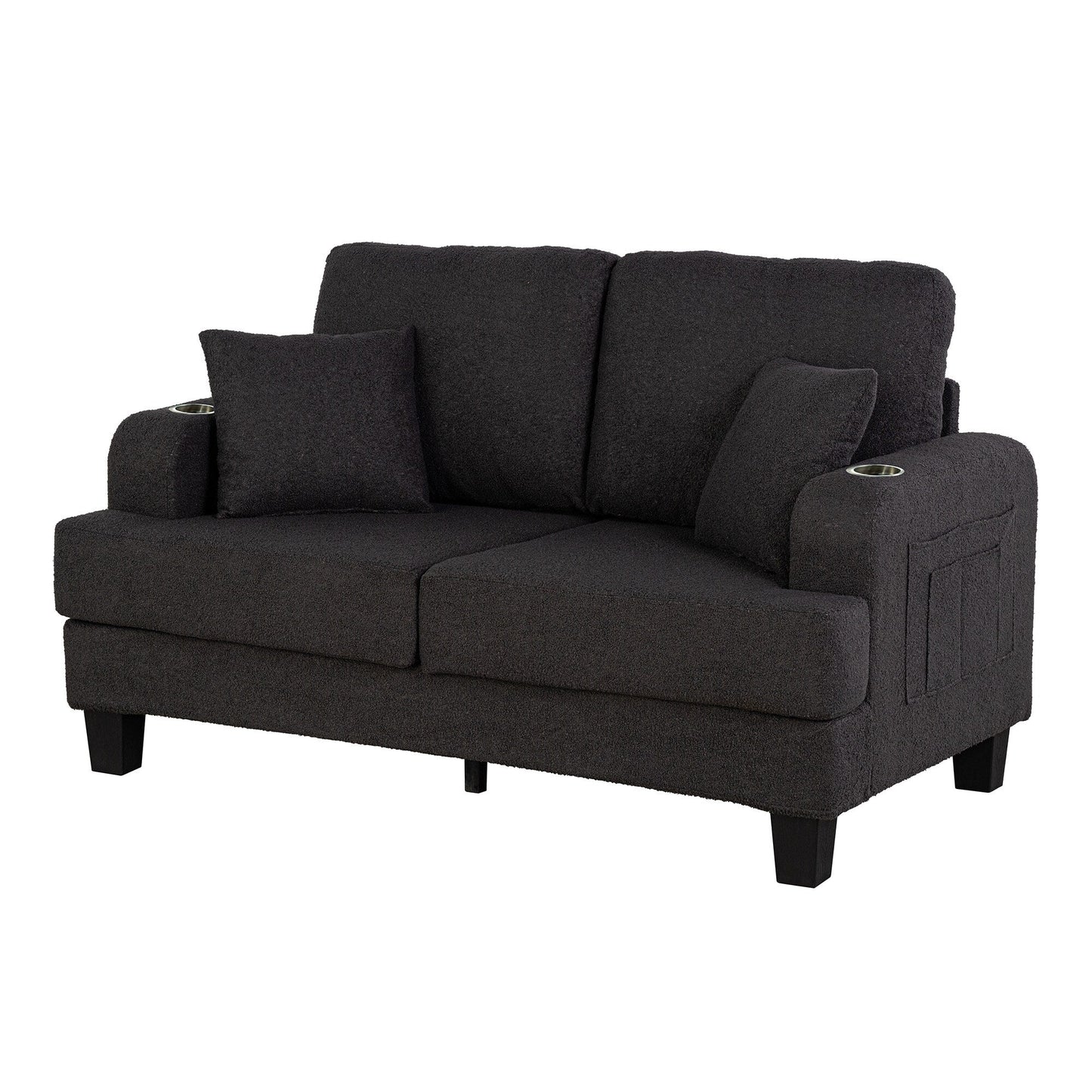 Modern Black Fabric Loveset with 2 Cup Holder and 2 Pillows