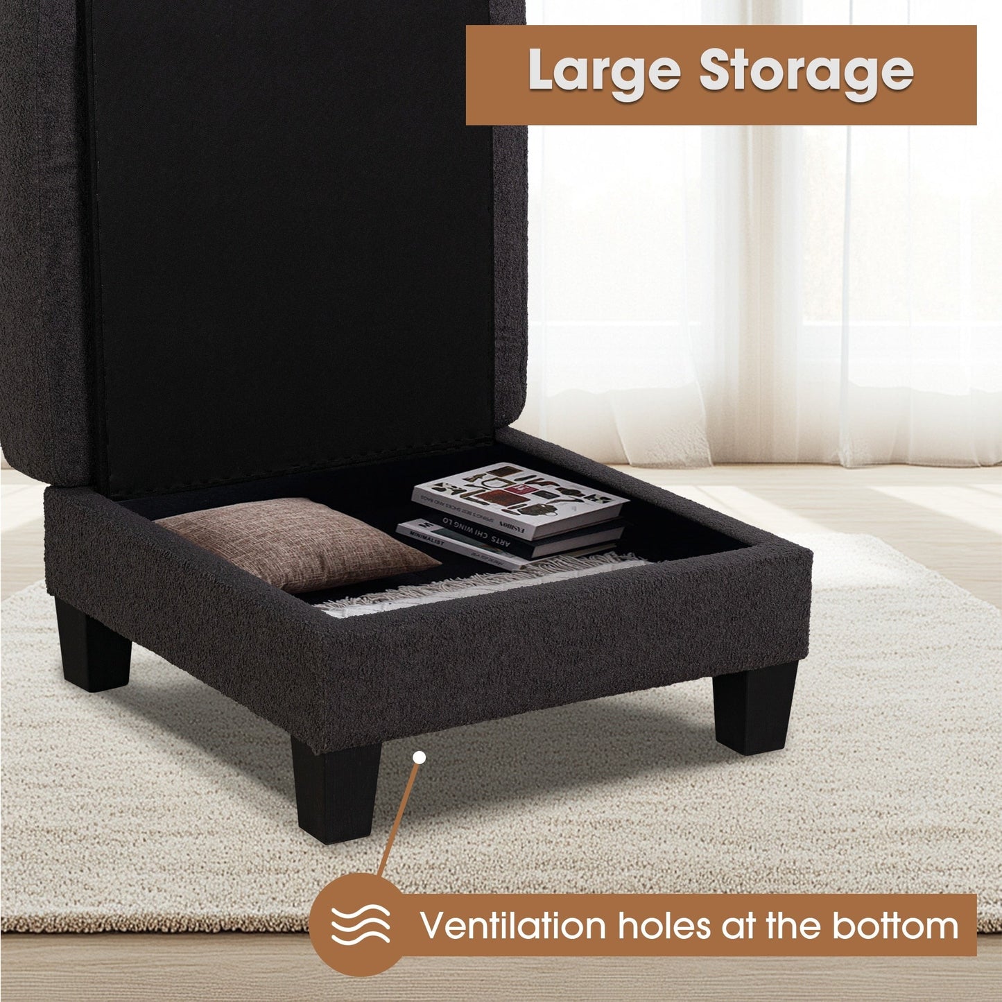 Modern Black Fabric Ottoman with Storage Function