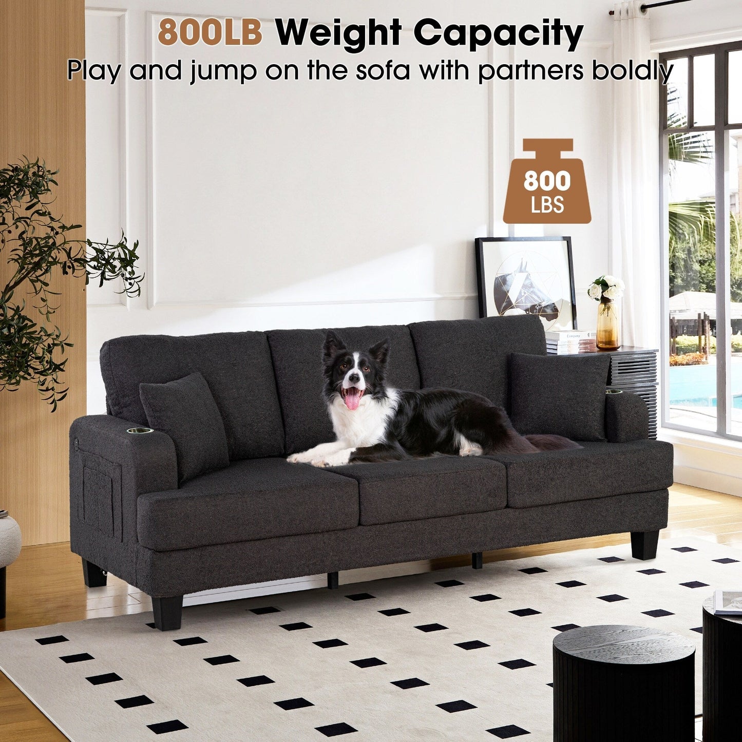 Modern Black Fabric USB Sofa with 2 Cup Holder and 2 Pillows