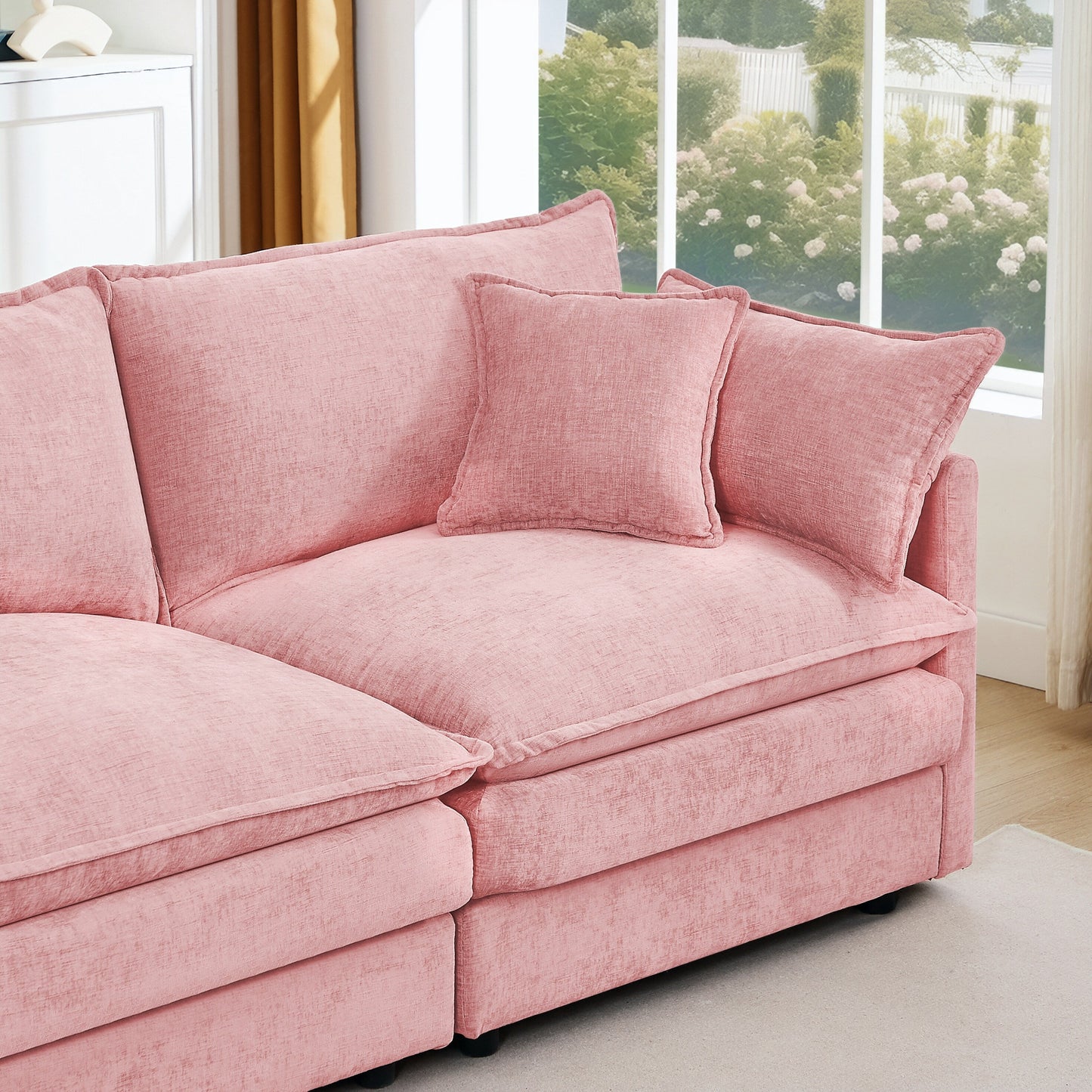 Modern Chenille 3-Seater Modular L-Shaped Sectional Sofa with Removable Ottoman for Living Room