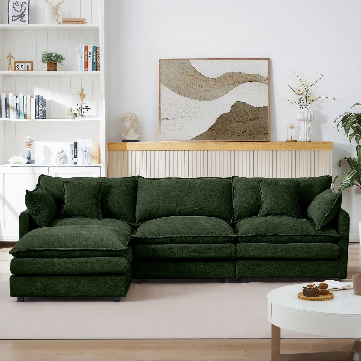 Modern Chenille 3-Seater Modular L-Shaped Sectional Sofa with Removable Ottoman for Living Room