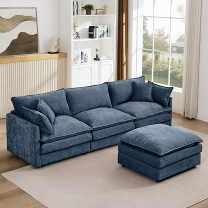 Modern Chenille 3-Seater Modular L-Shaped Sectional Sofa with Removable Ottoman for Living Room