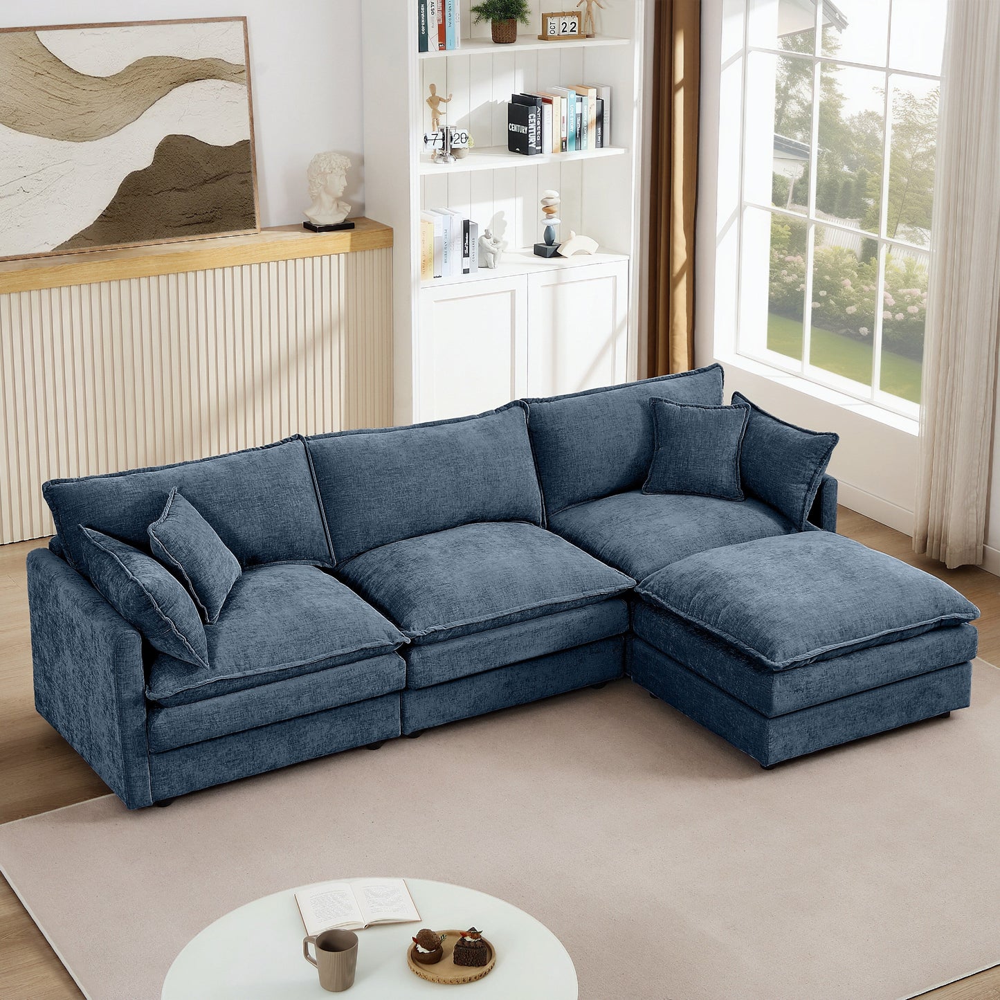 Modern Chenille 3-Seater Modular L-Shaped Sectional Sofa with Removable Ottoman for Living Room