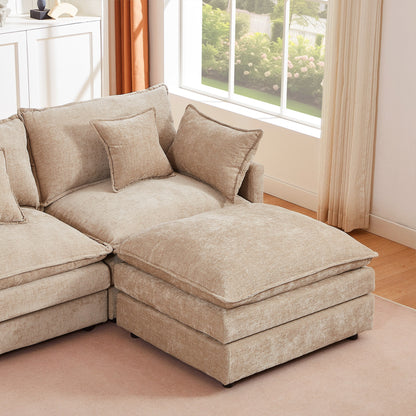 Modern Chenille 3-Seater Modular L-Shaped Sectional Sofa with Removable Ottoman for Living Room