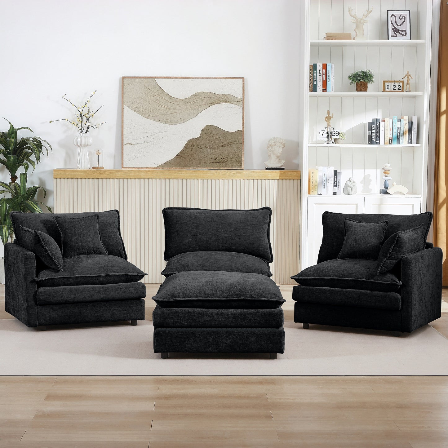 Modern Chenille 3-Seater Modular L-Shaped Sectional Sofa with Removable Ottoman for Living Room