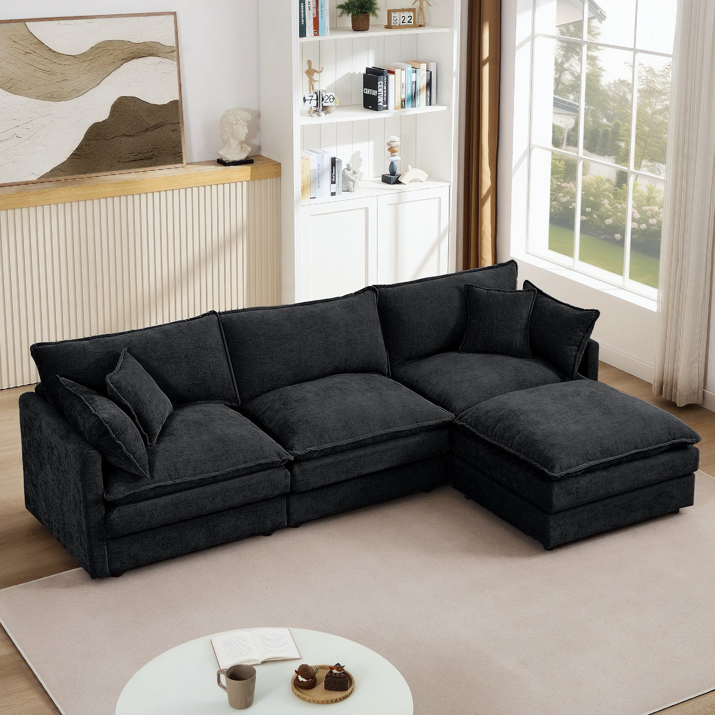 Modern Chenille 3-Seater Modular L-Shaped Sectional Sofa with Removable Ottoman for Living Room