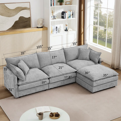 Modern Chenille 3-Seater Modular L-Shaped Sectional Sofa with Removable Ottoman for Living Room