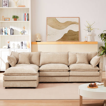 Modern Chenille 3-Seater Modular L-Shaped Sectional Sofa with Removable Ottoman for Living Room