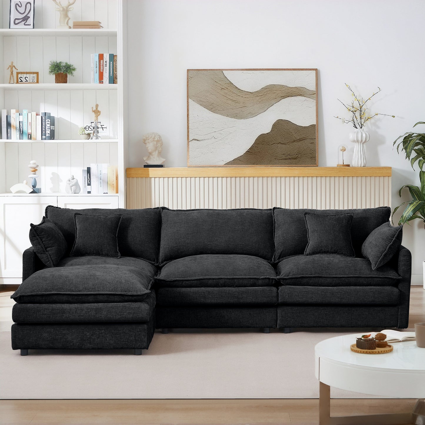 Modern Chenille 3-Seater Modular L-Shaped Sectional Sofa with Removable Ottoman for Living Room