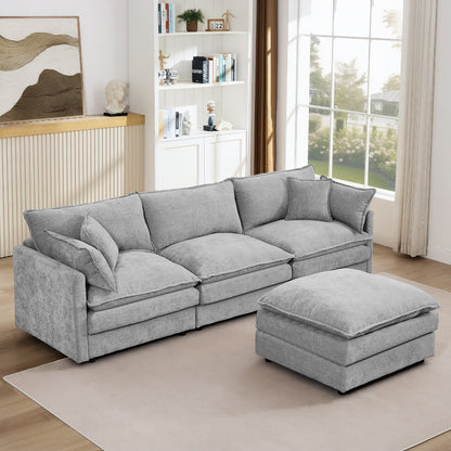 Modern Chenille 3-Seater Modular L-Shaped Sectional Sofa with Removable Ottoman for Living Room