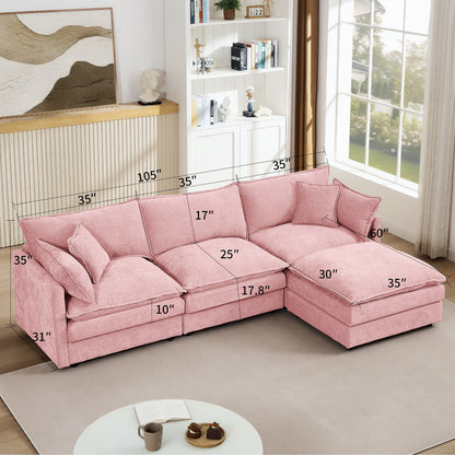 Modern Chenille 3-Seater Modular L-Shaped Sectional Sofa with Removable Ottoman for Living Room
