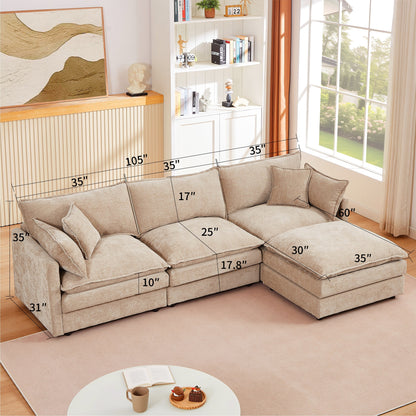 Modern Chenille 3-Seater Modular L-Shaped Sectional Sofa with Removable Ottoman for Living Room