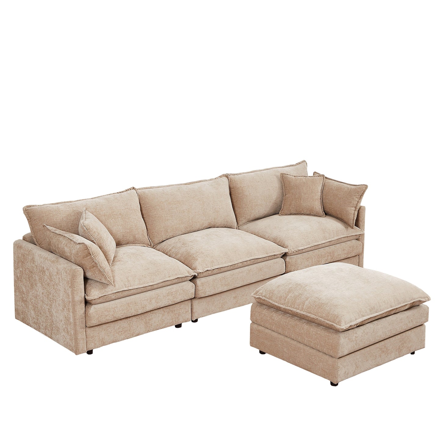 Modern Chenille 3-Seater Modular L-Shaped Sectional Sofa with Removable Ottoman for Living Room