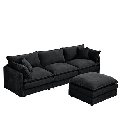Modern Chenille 3-Seater Modular L-Shaped Sectional Sofa with Removable Ottoman for Living Room
