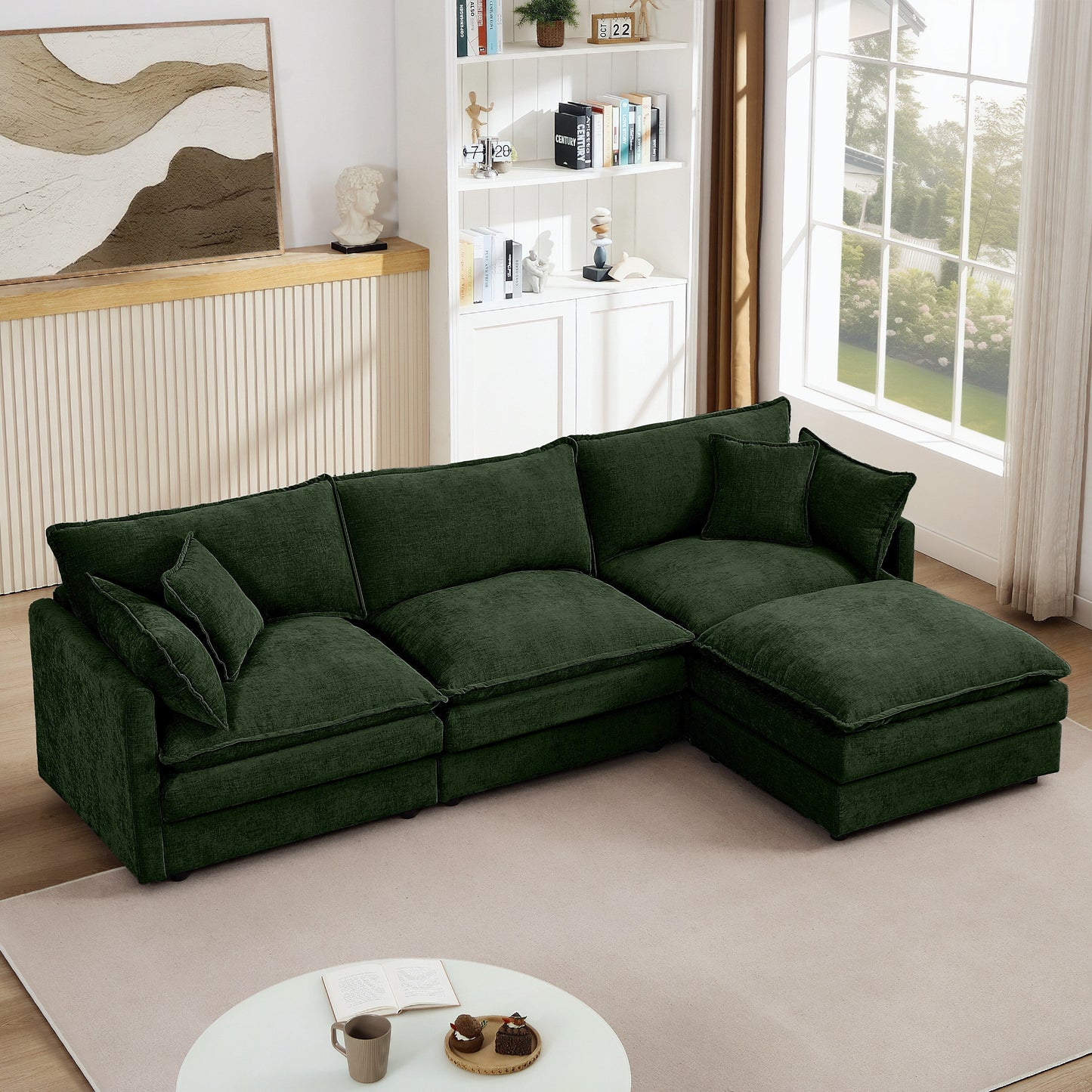 Modern Chenille 3-Seater Modular L-Shaped Sectional Sofa with Removable Ottoman for Living Room