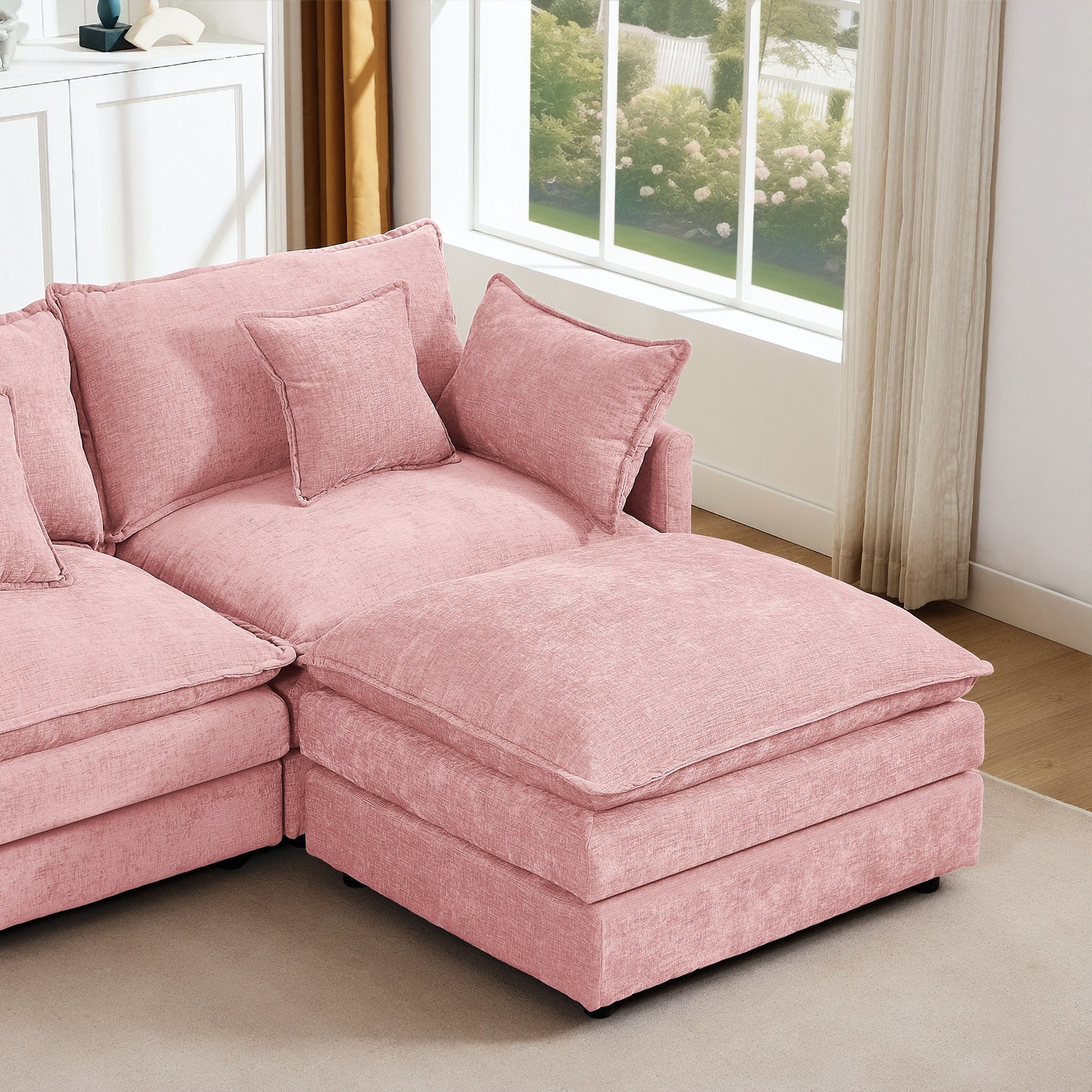 Modern Chenille 3-Seater Modular L-Shaped Sectional Sofa with Removable Ottoman for Living Room