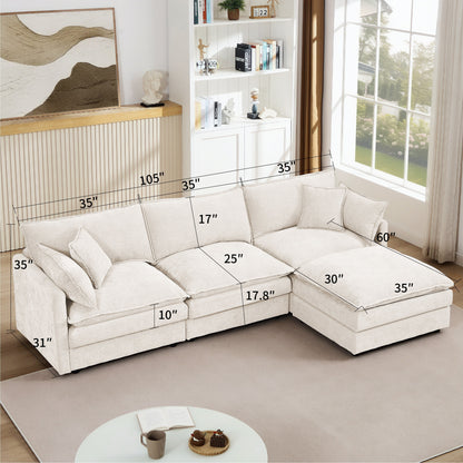 Modern Chenille 3-Seater Modular L-Shaped Sectional Sofa with Removable Ottoman for Living Room