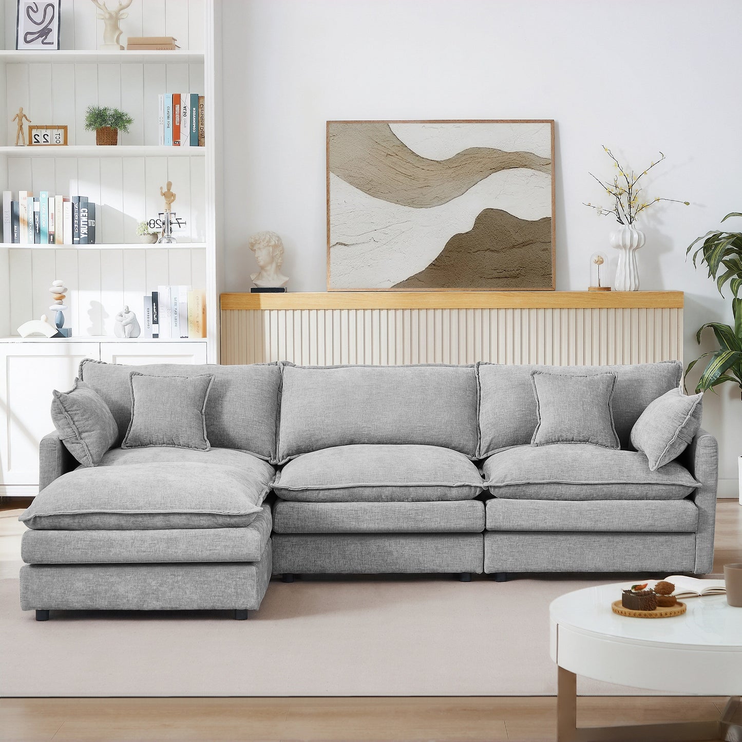 Modern Chenille 3-Seater Modular L-Shaped Sectional Sofa with Removable Ottoman for Living Room