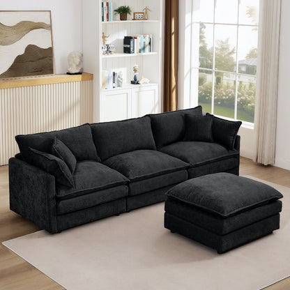 Modern Chenille 3-Seater Modular L-Shaped Sectional Sofa with Removable Ottoman for Living Room