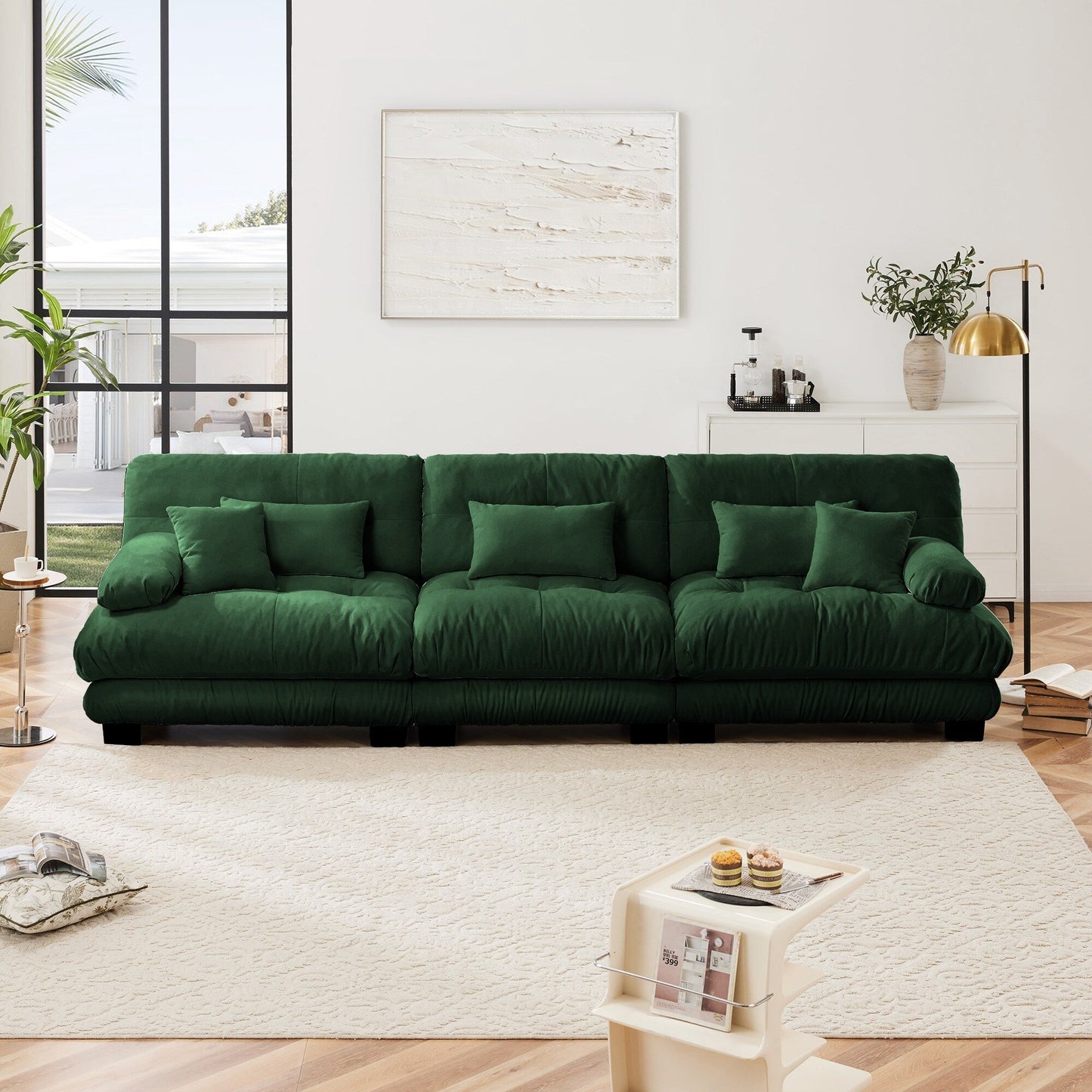 Modern Chenille 3-Seater Sectional Sofa Modular Deep Seat Sofa Couch with Throw Pillows and Waist Pillows for Living Room