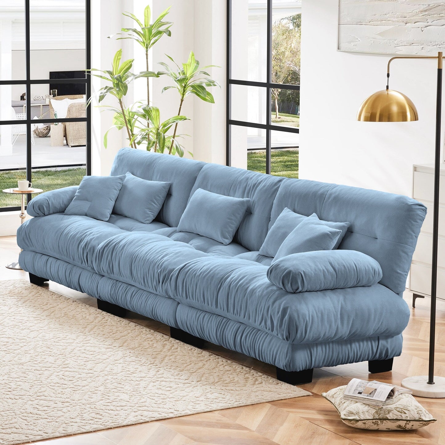 Modern Chenille 3-Seater Sectional Sofa Modular Deep Seat Sofa Couch with Throw Pillows and Waist Pillows for Living Room