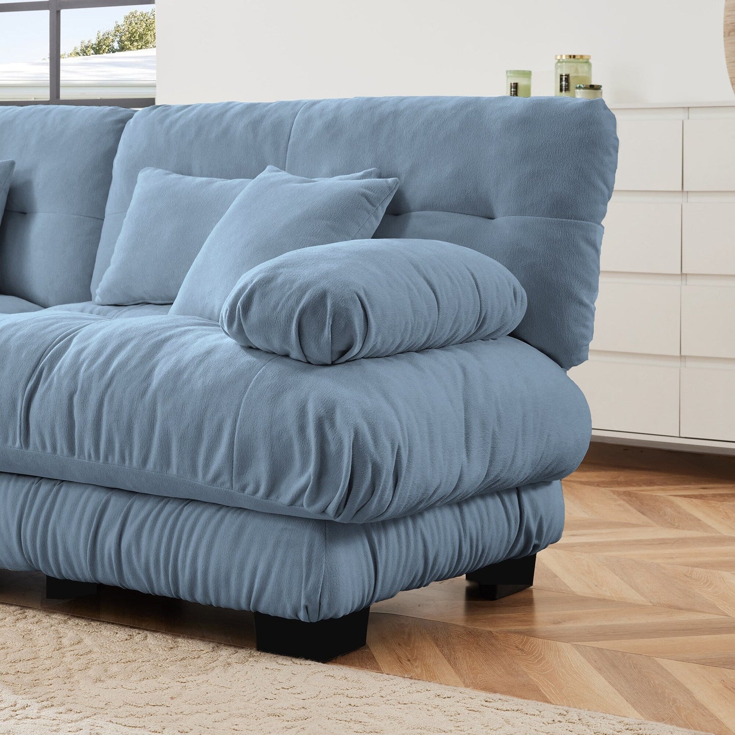 Modern Chenille 3-Seater Sectional Sofa Modular Deep Seat Sofa Couch with Throw Pillows and Waist Pillows for Living Room