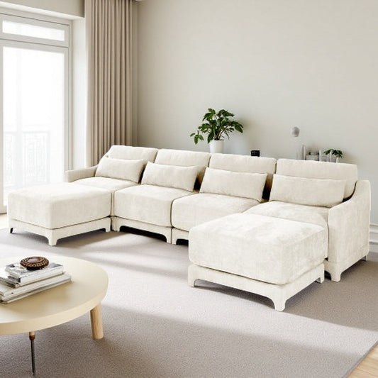 Modern Chenille 4-Seater Sofa with 2 Ottoman, Lumbar Cushions, Ergonomic Backrest, High-Resilience Spongeand Tufted Armrests
