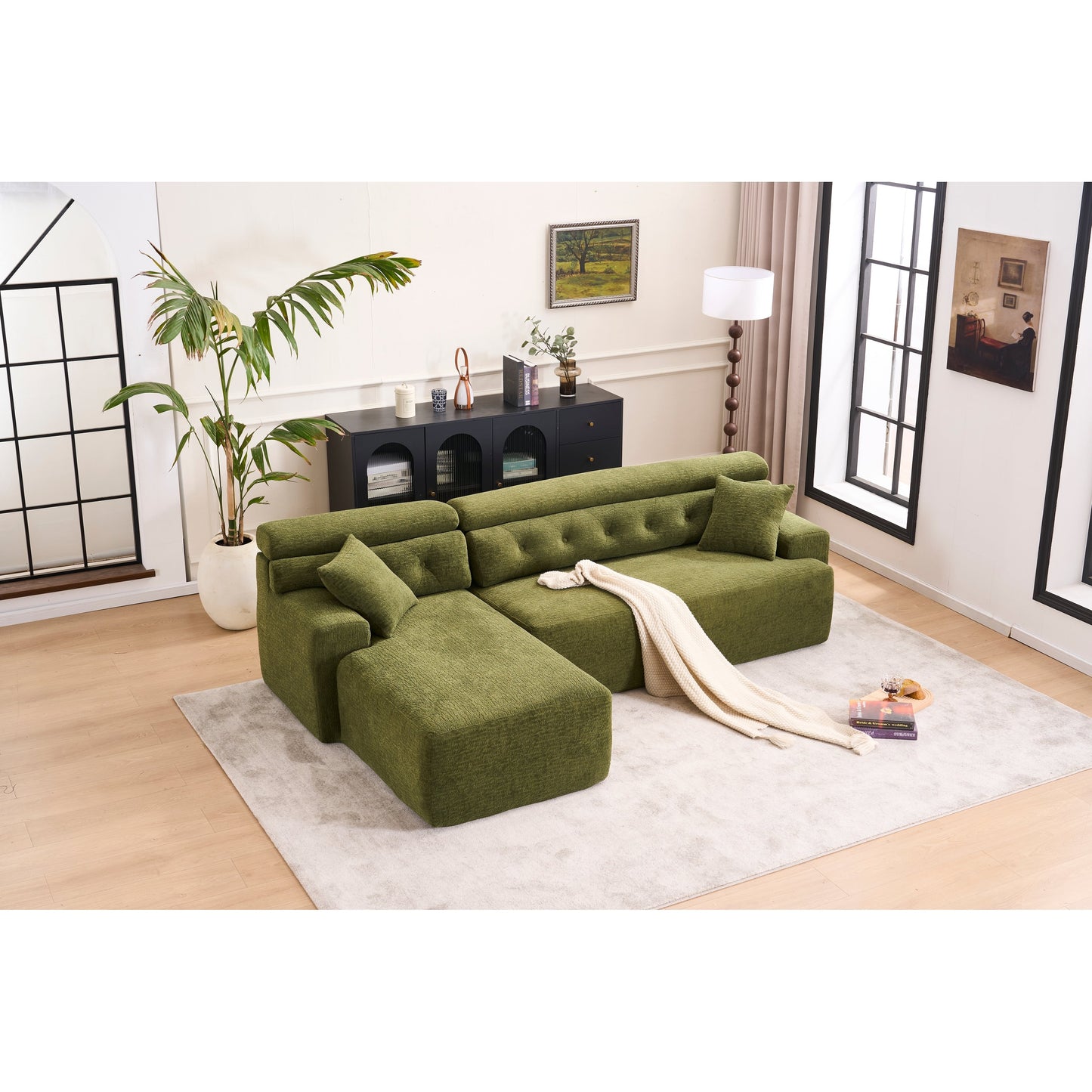 Modern Chenille Convertible L-Shaped 4-Seater Modular Sectional Sofa with 2 Pillows for Apartment Living Room