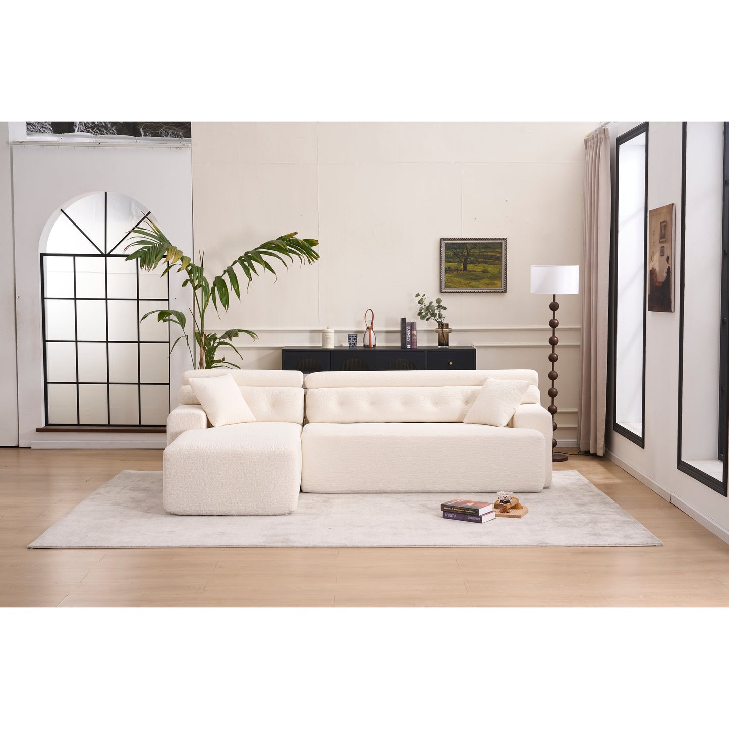 Modern Chenille Convertible L-Shaped 4-Seater Modular Sectional Sofa with 2 Pillows for Apartment Living Room