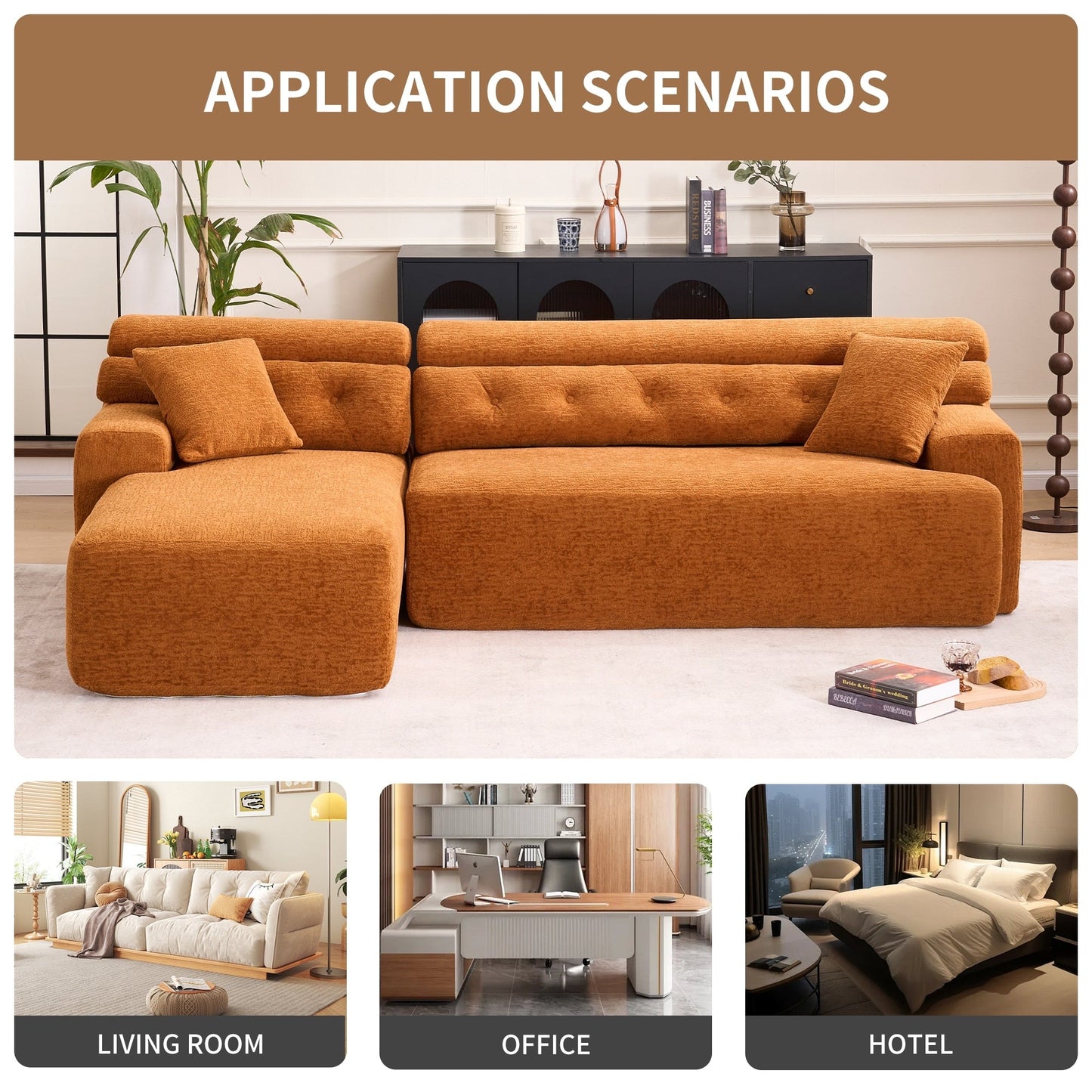 Modern Chenille Convertible L-Shaped 4-Seater Modular Sectional Sofa with 2 Pillows for Apartment Living Room