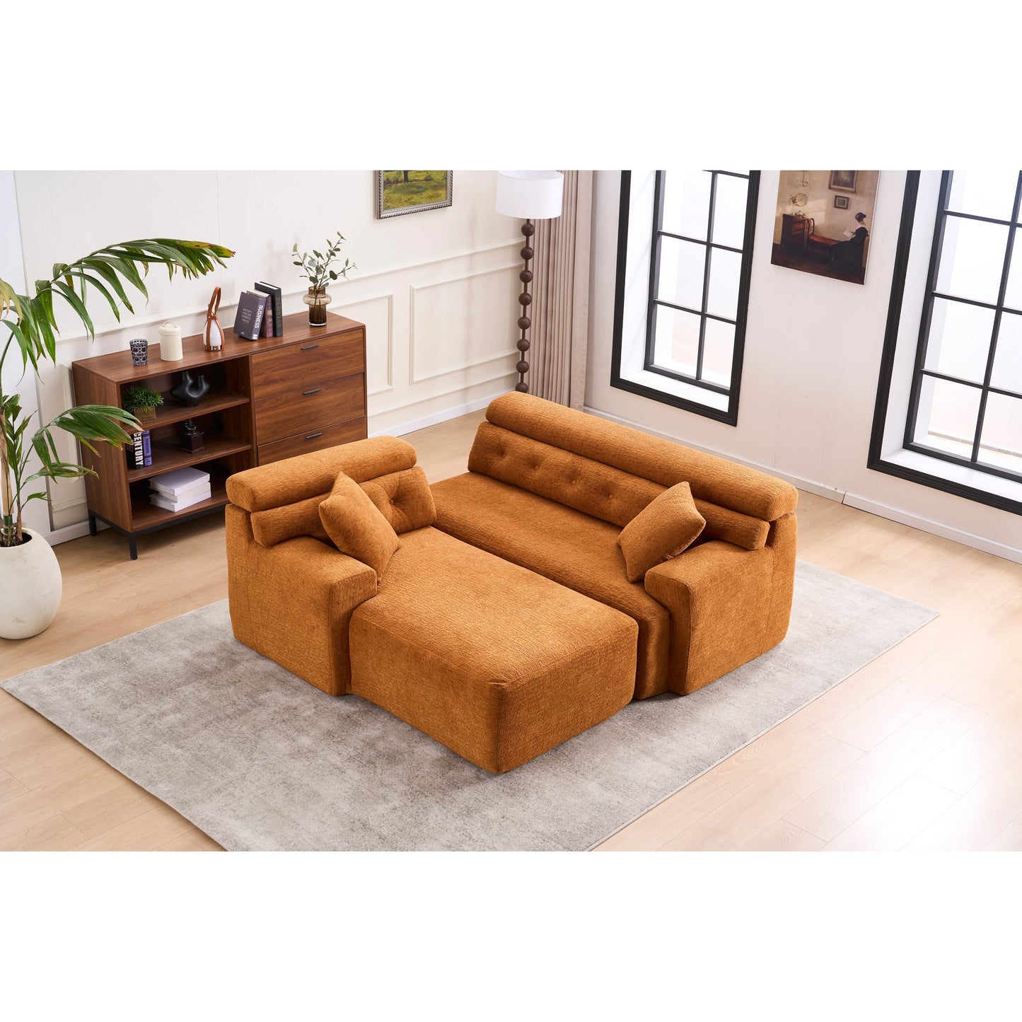 Modern Chenille Convertible L-Shaped 4-Seater Modular Sectional Sofa with 2 Pillows for Apartment Living Room