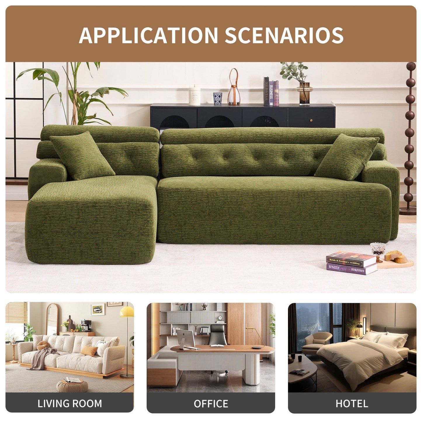 Modern Chenille Convertible L-Shaped 4-Seater Modular Sectional Sofa with 2 Pillows for Apartment Living Room