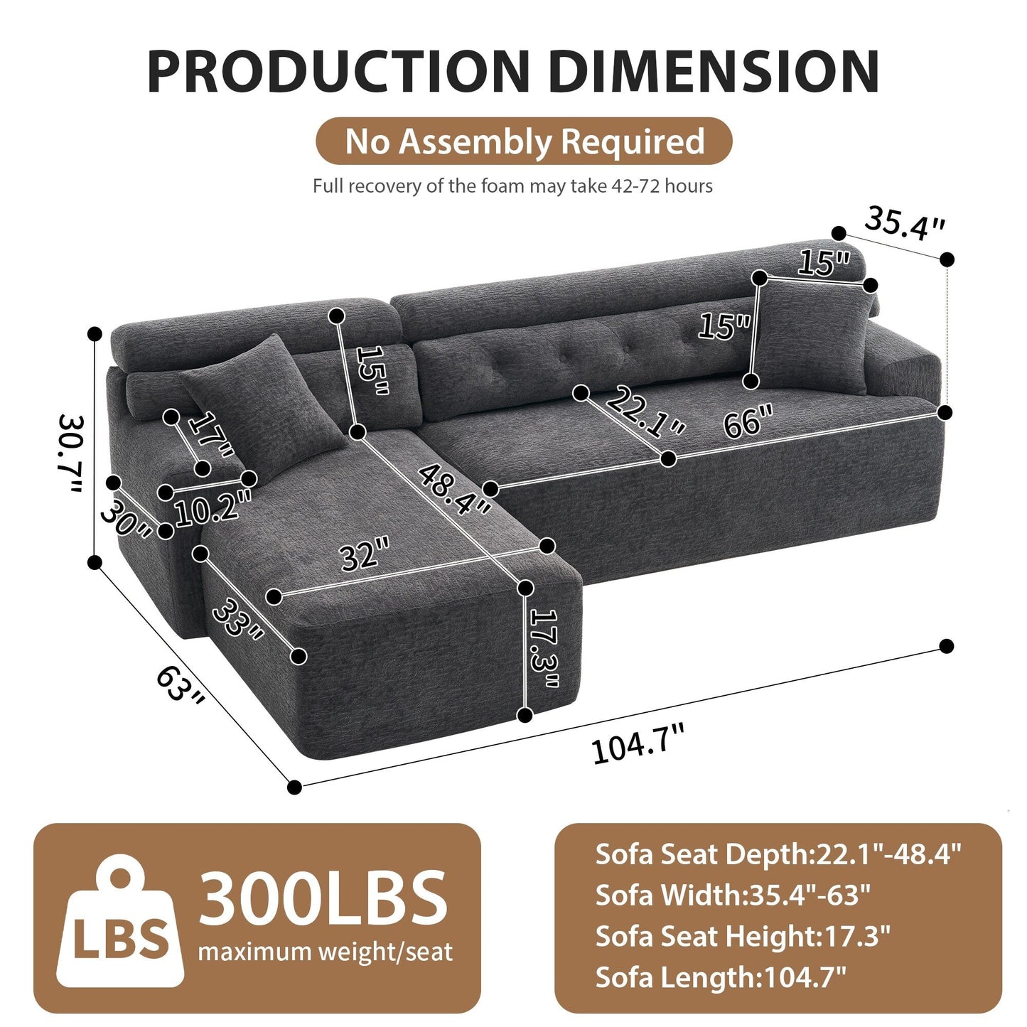 Modern Chenille Convertible L-Shaped 4-Seater Modular Sectional Sofa with 2 Pillows for Apartment Living Room