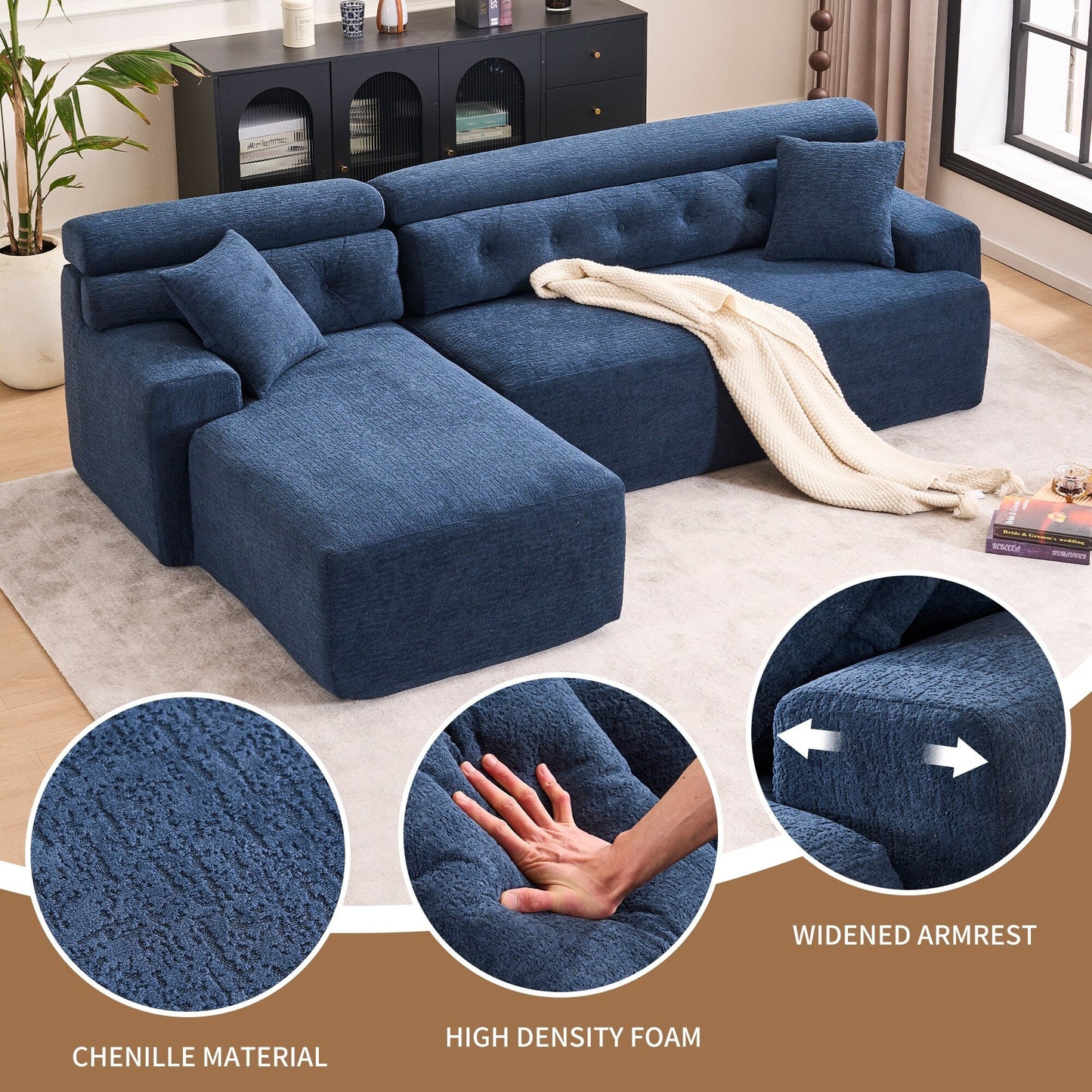 Modern Chenille Convertible L-Shaped 4-Seater Modular Sectional Sofa with 2 Pillows for Apartment Living Room