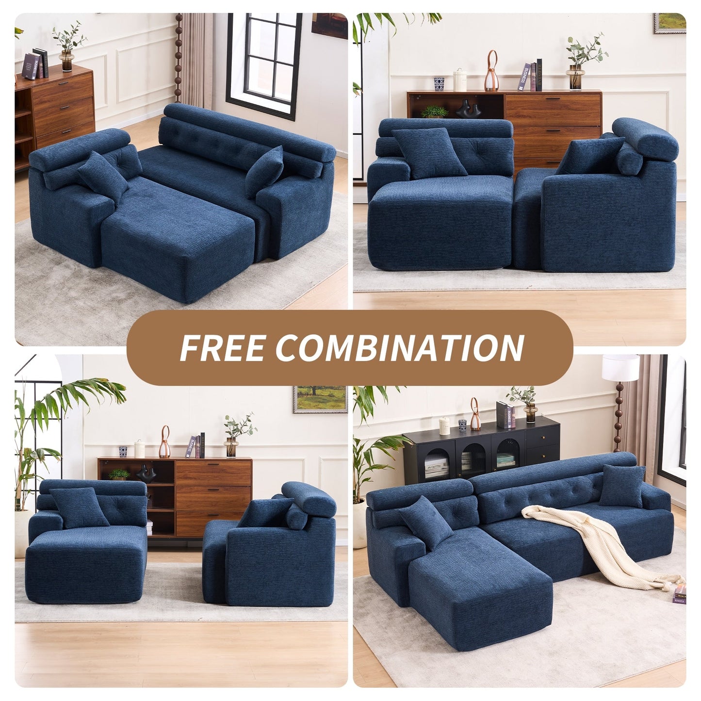 Modern Chenille Convertible L-Shaped 4-Seater Modular Sectional Sofa with 2 Pillows for Apartment Living Room