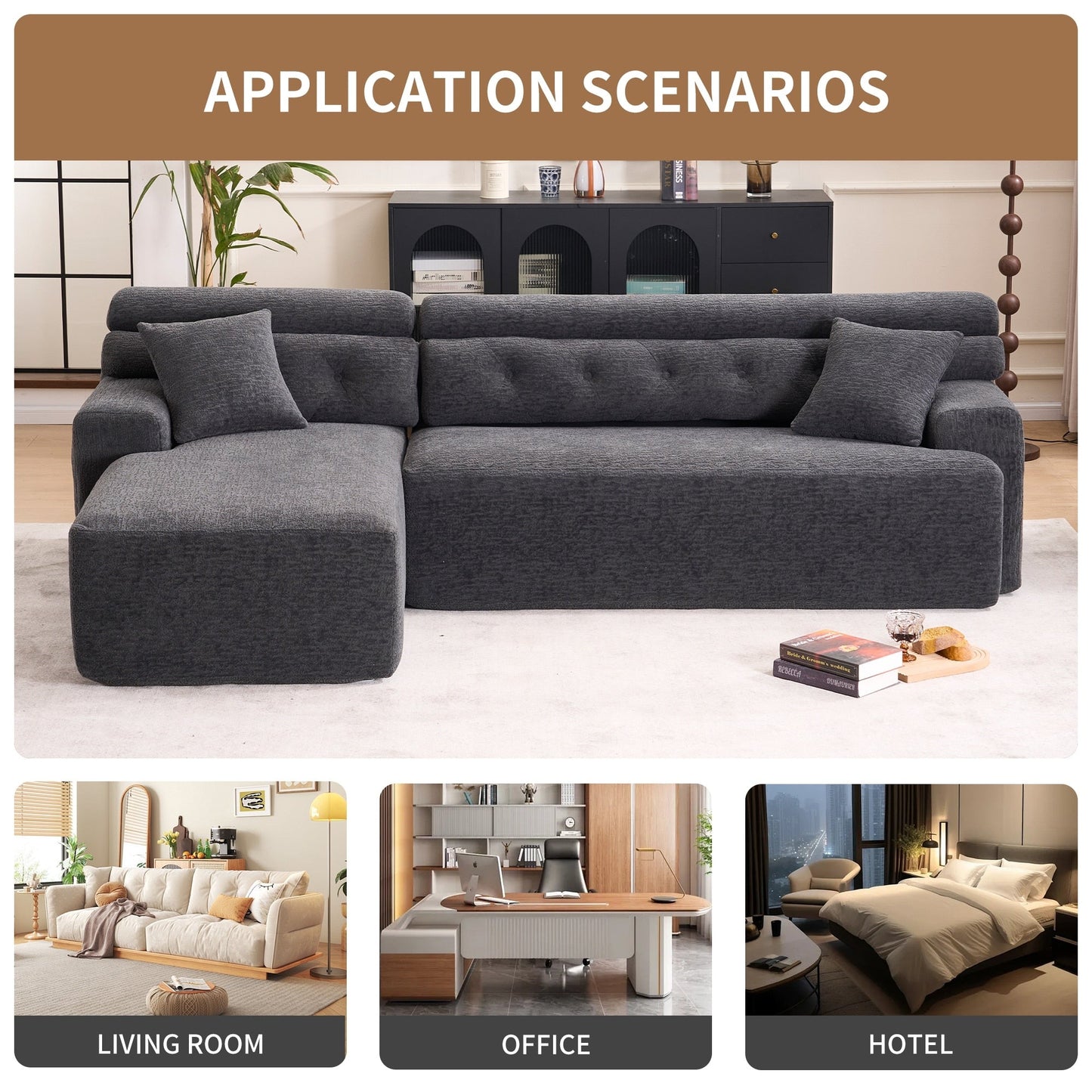 Modern Chenille Convertible L-Shaped 4-Seater Modular Sectional Sofa with 2 Pillows for Apartment Living Room