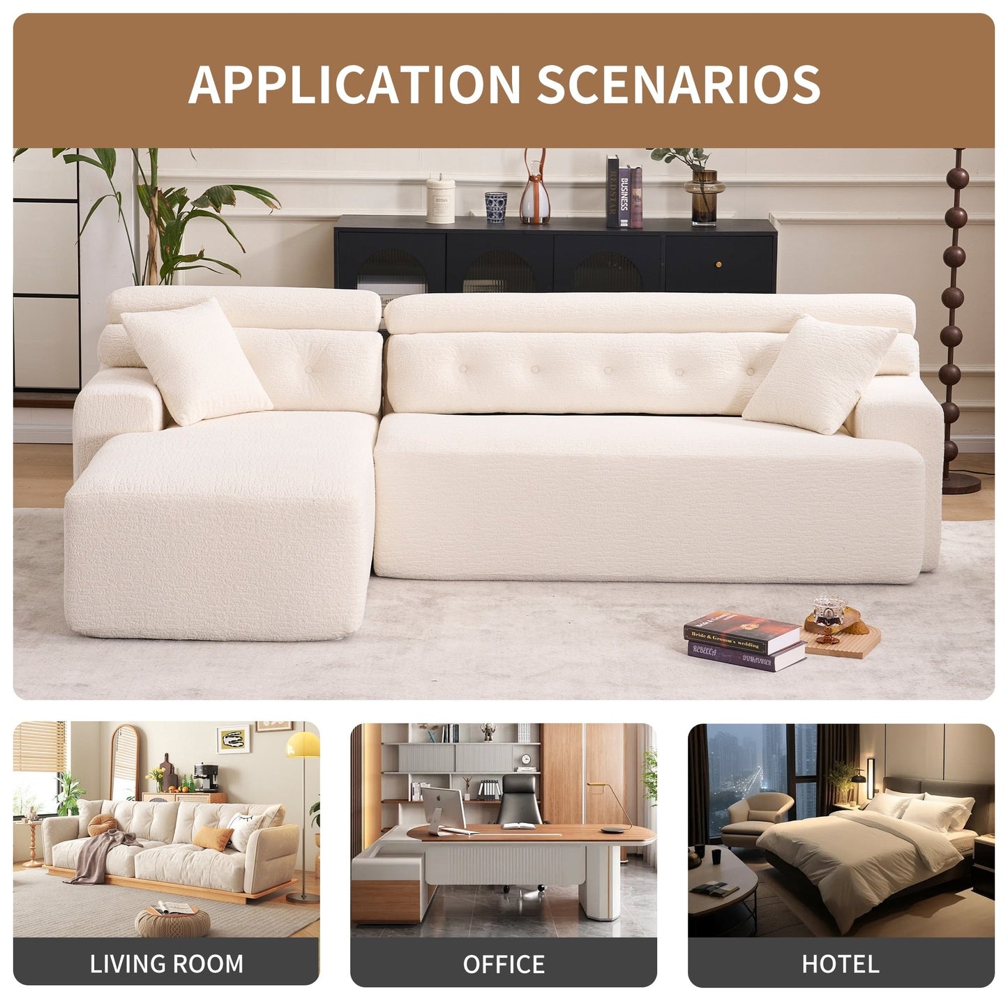 Modern Chenille Convertible L-Shaped 4-Seater Modular Sectional Sofa with 2 Pillows for Apartment Living Room